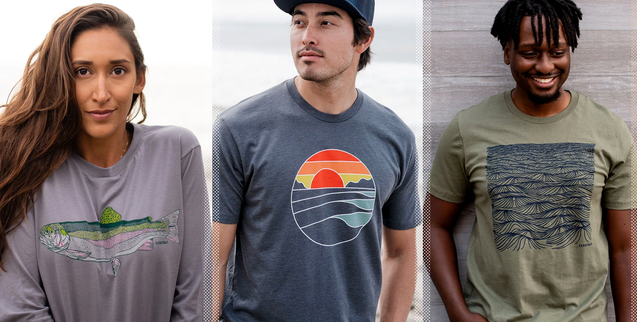 Three people wearing t-shirts with nature-themed designs.