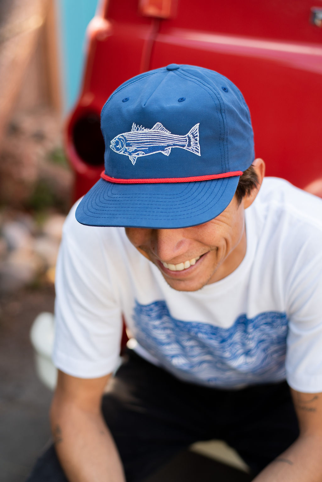 Striped Bass Unstructured Hat in Blue with Rope Detail | Uroko